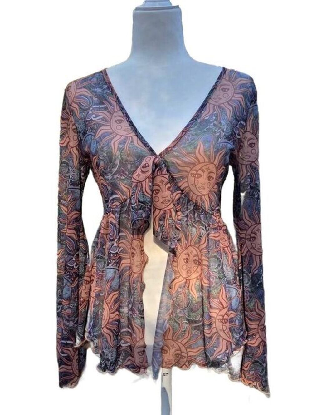 Y2K Whimsigoth Celestial Sun Moon Mesh Tie Front Bell Sleeve Hippie Top M